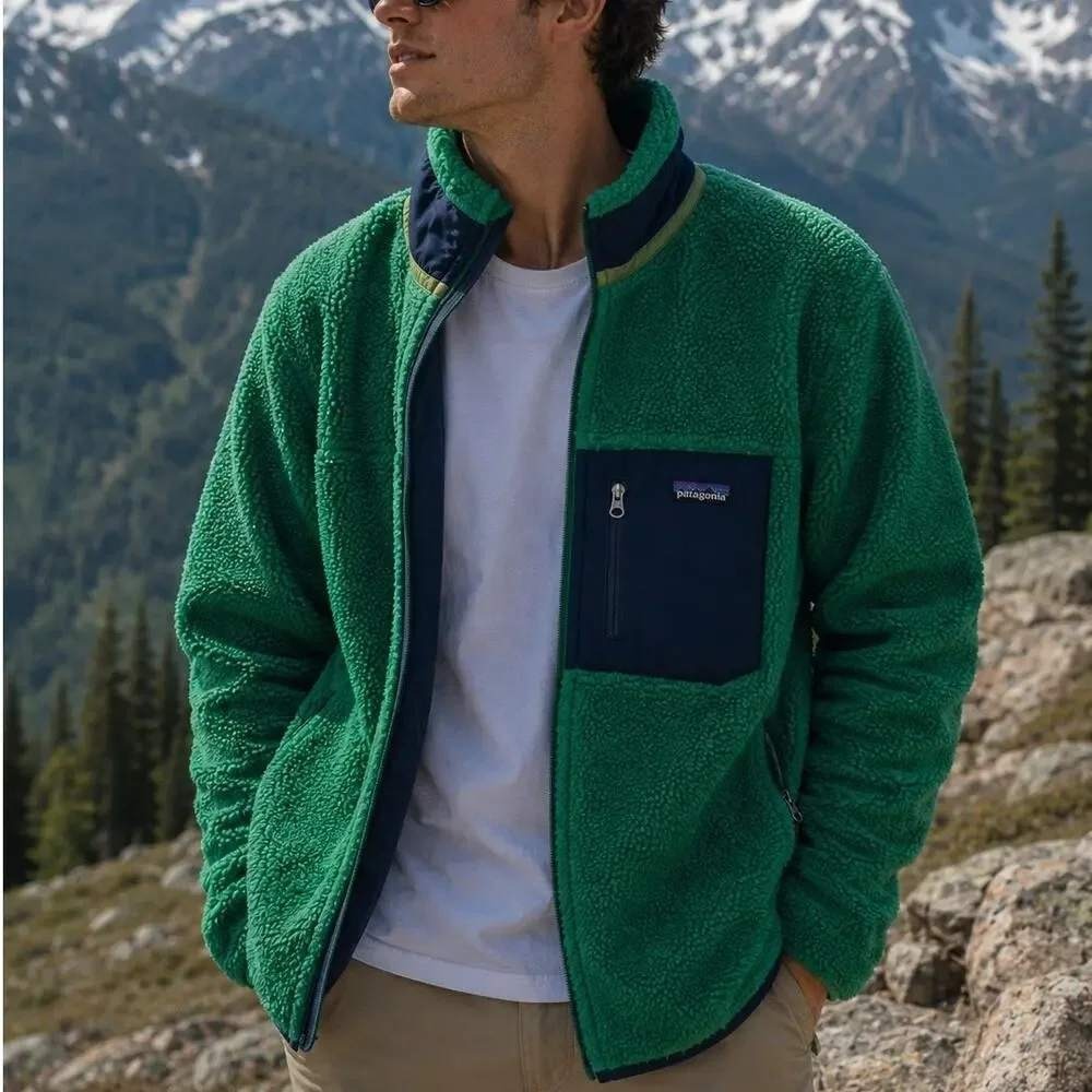 Patagonia Classic Retro-X Fleece Jacket Green Navy Blue Full Zip Men's Medium